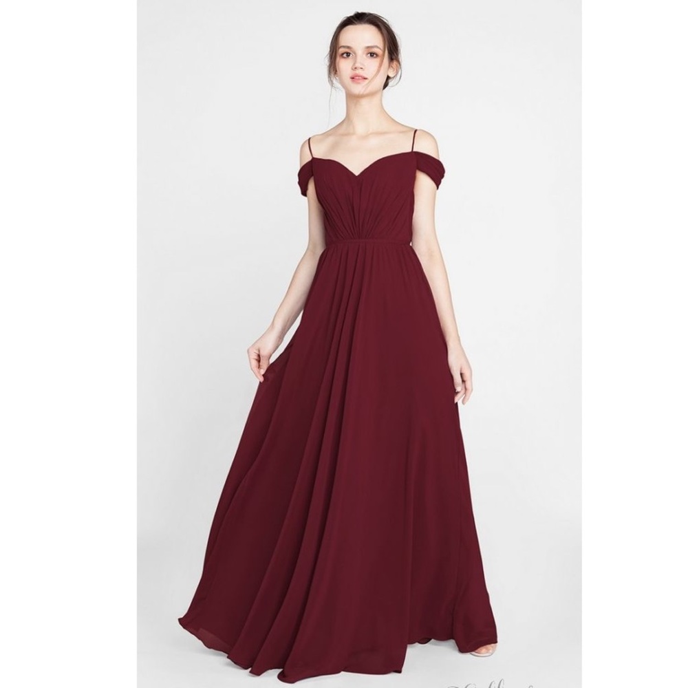Burgundy Tulle & Chantilly Bridesmaid Dress for wedding off the shoulder TBQP389